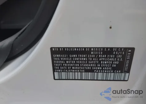 2015 Volkswagen Jetta 1.8T Sport из США, поврежденный, VIN 3VWD17AJXFM408796